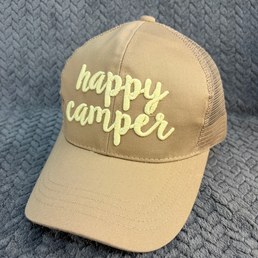 C.C Exclusives Happy Camper Tan Khaki Ponytail Mesh Back Trucker Hat Cap